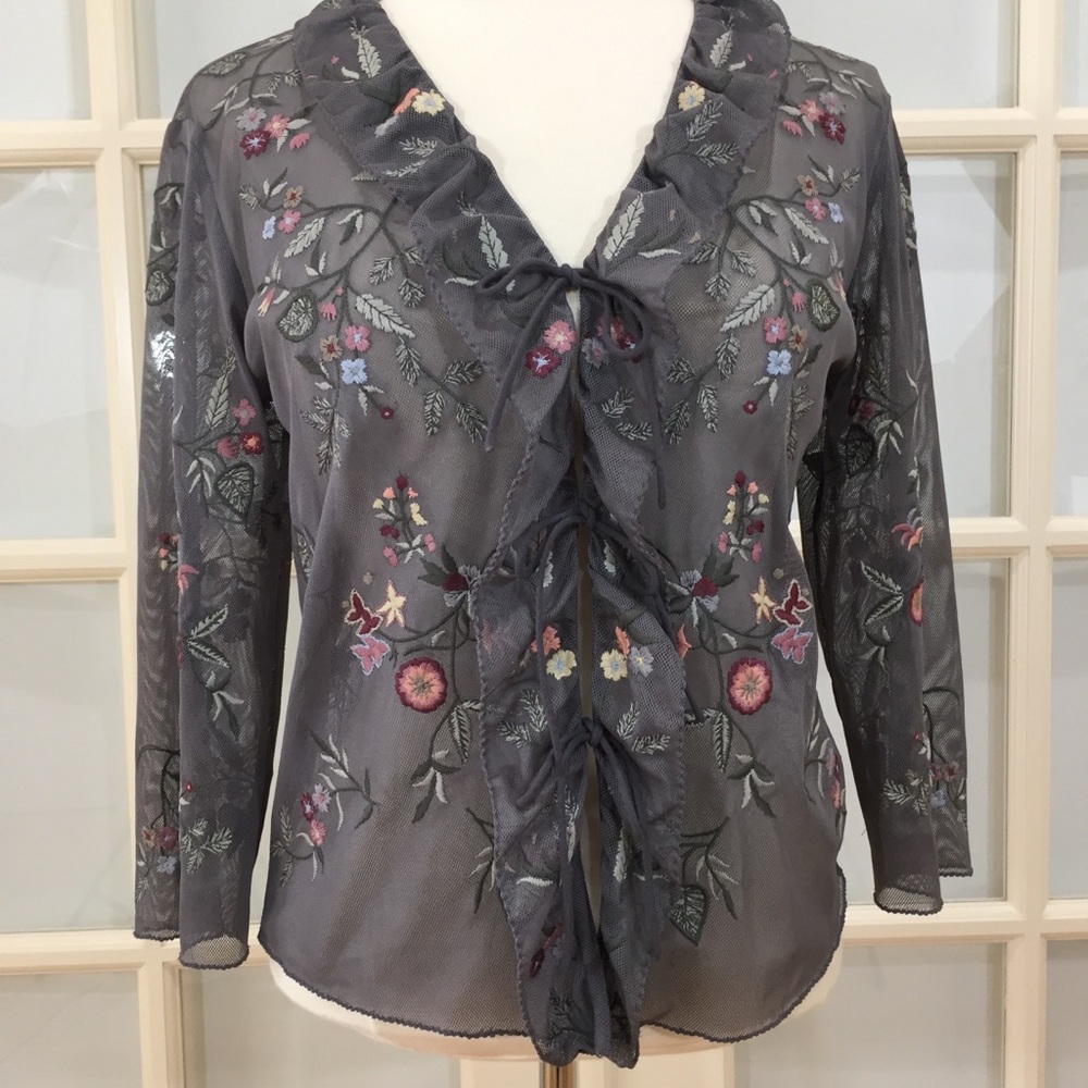 J.Jill Embroidered Floral Sheer Blouse Fluted Sleeve Top XS - Picture 1 of 15
